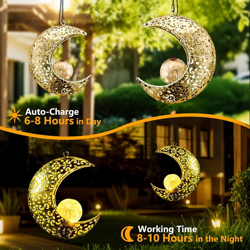 CF Solar Garden Hanging Moon Lights Outdoor Decor,2 Pack Metal Lanterns Art Decorations for Outside Yard Lawn Patio Wall Fences Driveway Trail,Unique Housewarming Gardening Gifts for Women Mom - Image 3